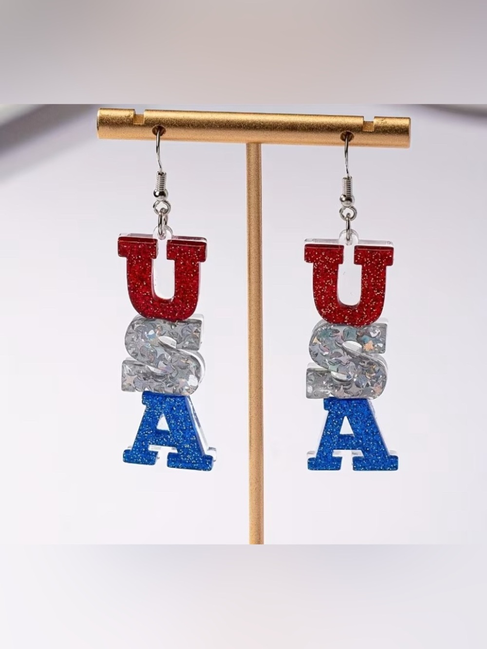 Red, Silver & Blue USA Letter Dangle Earrings